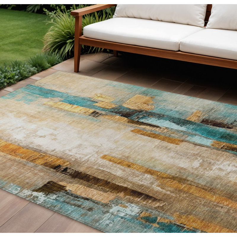 Tapis intérieur/extérieur lavable, beige et bleu sarcelle, à motifs abstraits, 3 m x 4,2 m