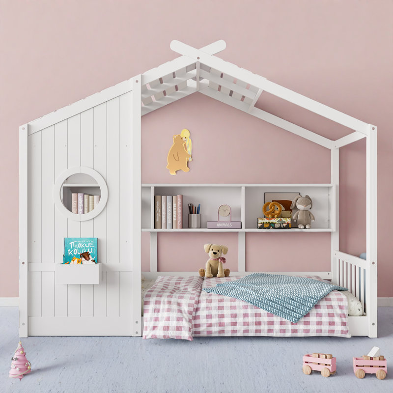 Lit sur pied avec tablette de rangement pour tout-petits et enfants Montessori, Lit simple, Blanc