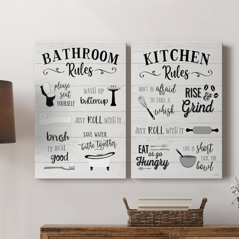 Rules of the Bathroom - Toile tendue avec châssis de qualité supérieure - Prêt à être accroché, H 12 po x l 8 po