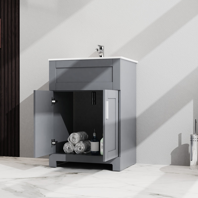 Meuble-lavabo de salle de bain 24 po, gris - Armoire fine configuration de rangement élégante à 2 portes - Installation - Structure de meuble-lavabo en céramique avec solution à deux portes Modern Elegance Facile à installer