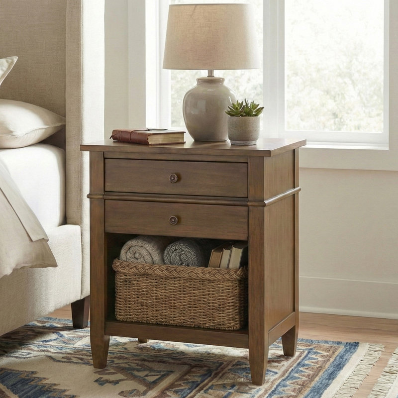 Carlton 24"W Solid Wood Transitional Nightstand with 2 Drawers, Open Storage Shelf and Bronze Hardware