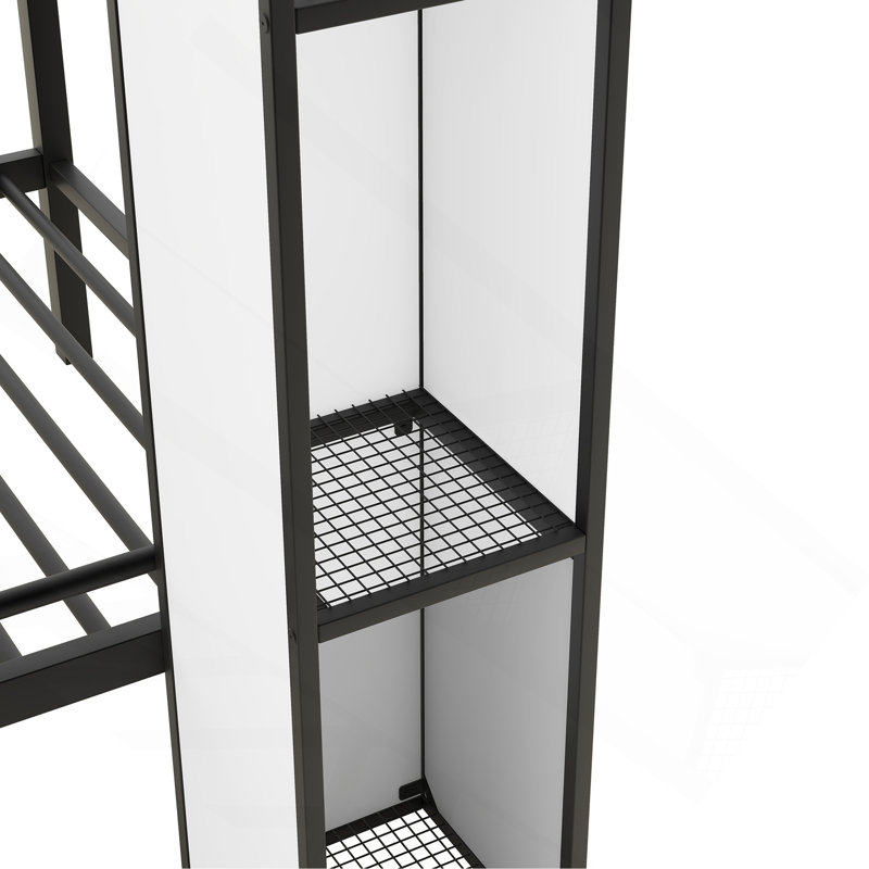 Lit superposé simple en métal avec garde-robe et rangement multiple en métal, Blanc/Noir