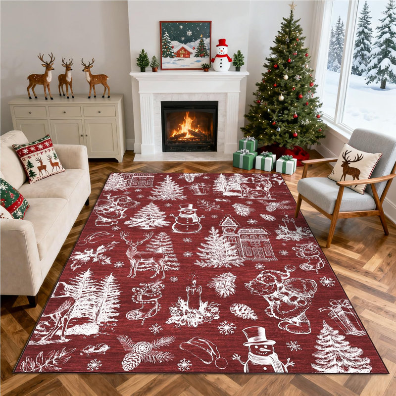 5x7ft Washable Christmas Stain-Resistant Foldable Low Pile Floor Mats Xmas Printed Carpets Soft Non Shedding Rugs