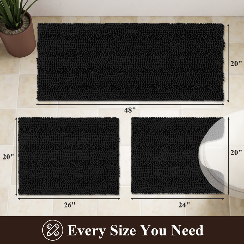 Ensemble de 3 tapis de bain doux et absorbant avec envers antidérapant, Noir