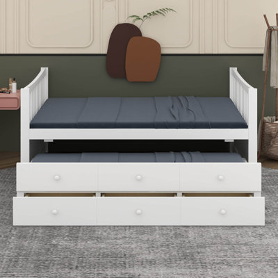 Full Size Daybed With Twin Size Trundle And 3 Storage Drawers, Wood Captain’S Bed, Wooden Platform Bed