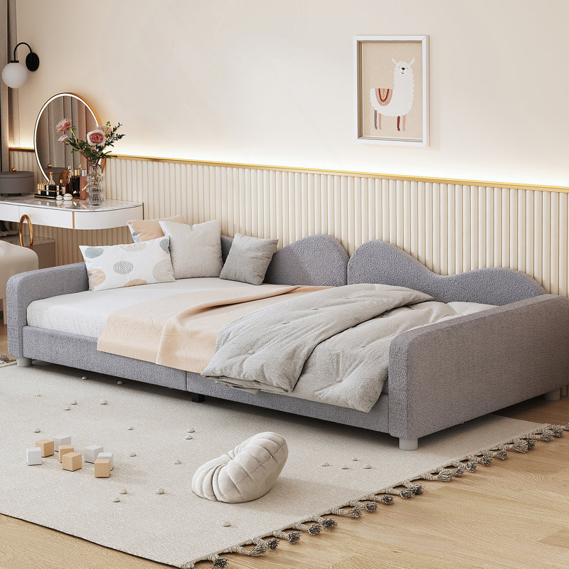 Twin Size Upholstered Daybed, Sherpa Fabric Sofabed With Cloud-Shaped Backrest, Gray, Twin