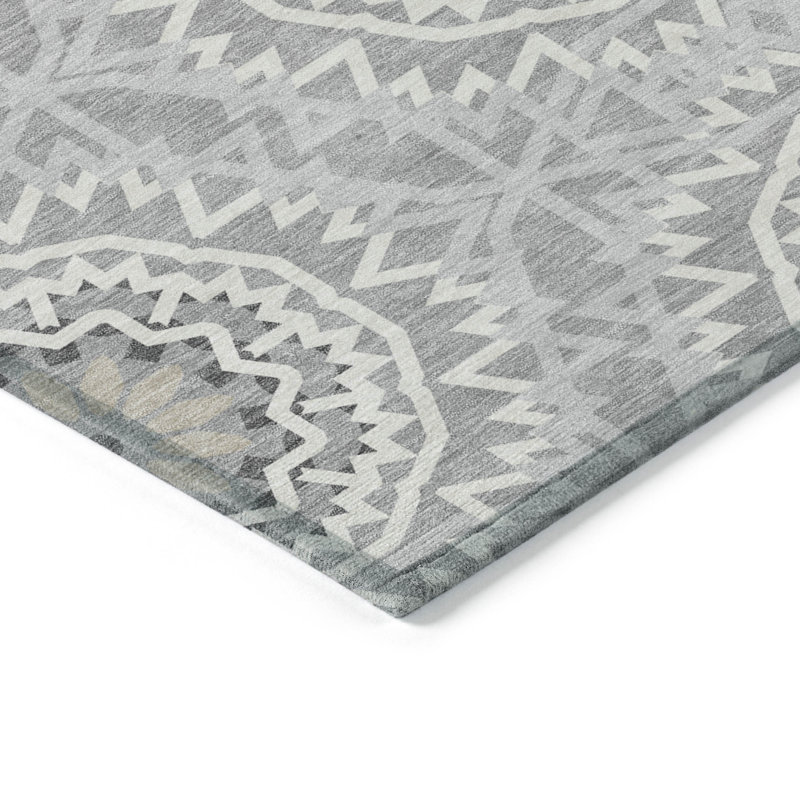 Tapis intérieur / extérieur en polyester tissé à la machine Kawtar gris / blanc, Rectangle 10 pi x 14 pi