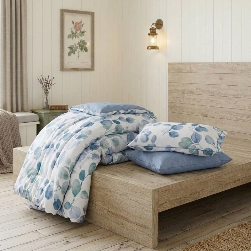 Ensemble d'édredon réversible 100% coton Elora Blue Canterbury Bells, Édredon grand et 2 taies décoratives