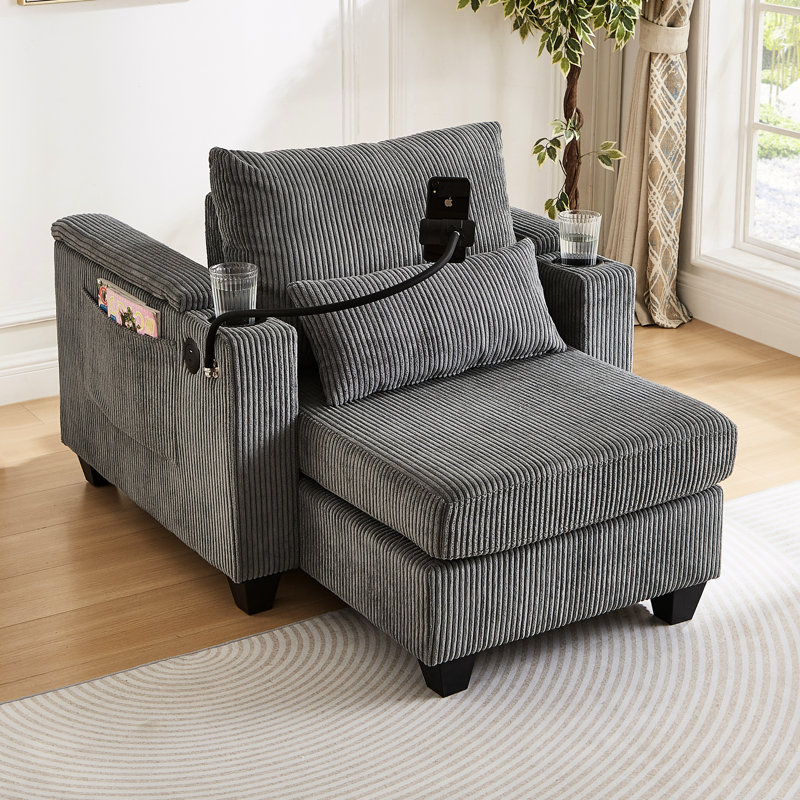 Chaise en velours côtelé gris 37,4 po avec design convertible, ports, porte-gobelets, porte-téléphone et compartiments de rangement pour espaces de vie