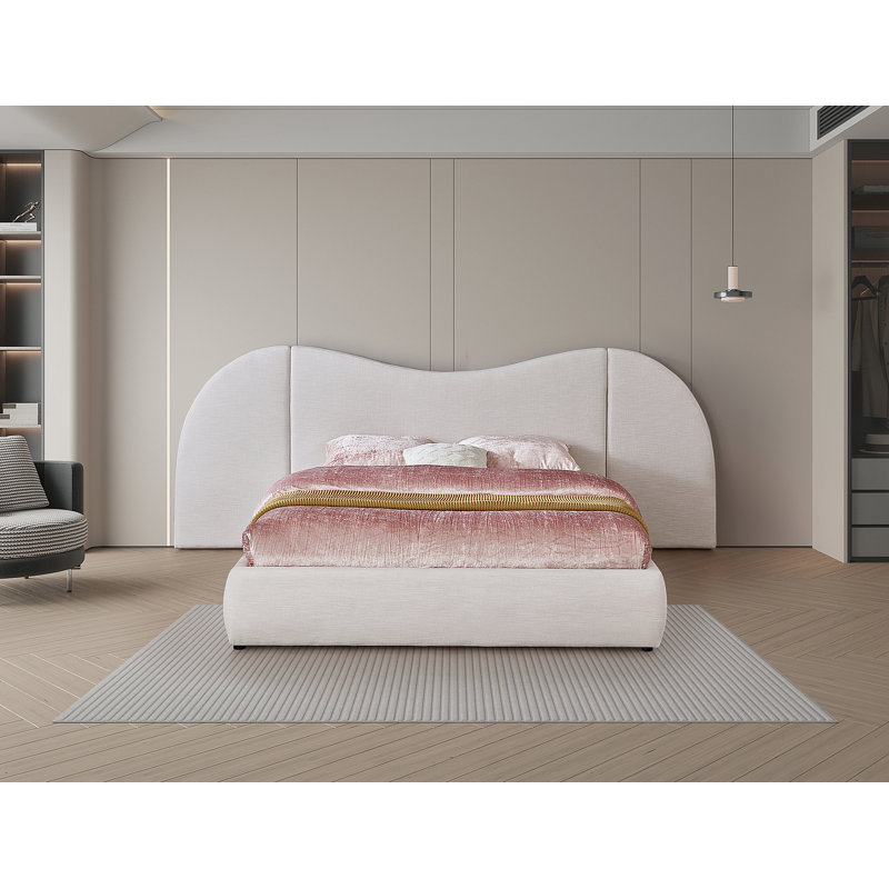 Hyrup Upholstered Panel Bed, King, Cream Linen Textured Fabric