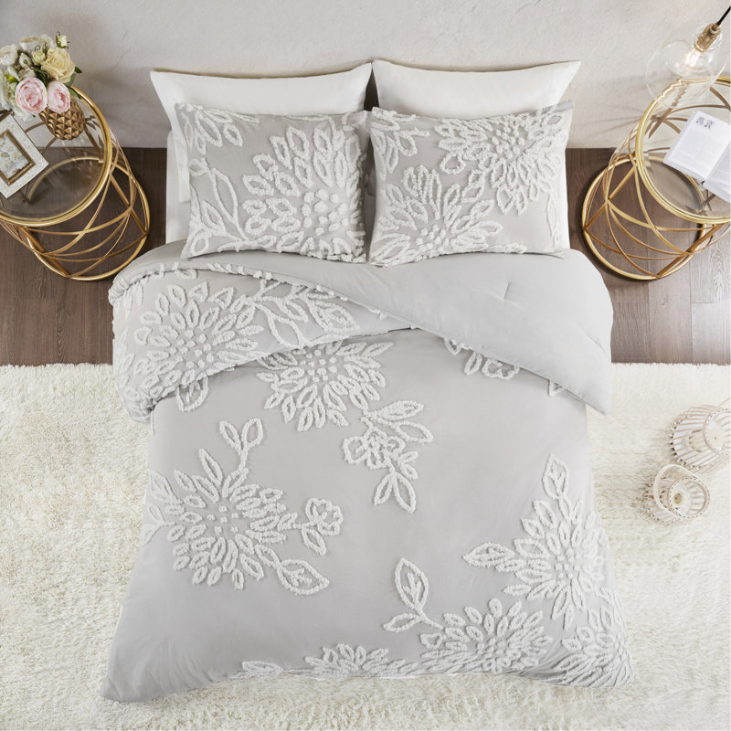 Édredon en chenille à motif floral - Coton chaud gris / blanc, Édredon double / grand + 2 taies décoratives, Gris