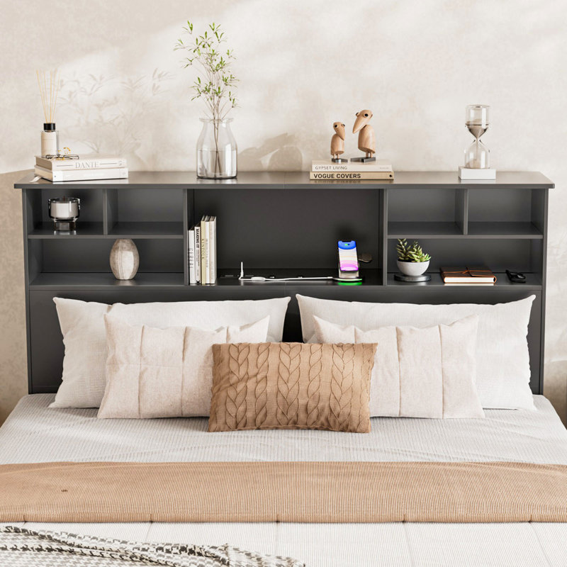Modern Wooden Bookcase Headboard with LED Light and Charging Station, Black, King