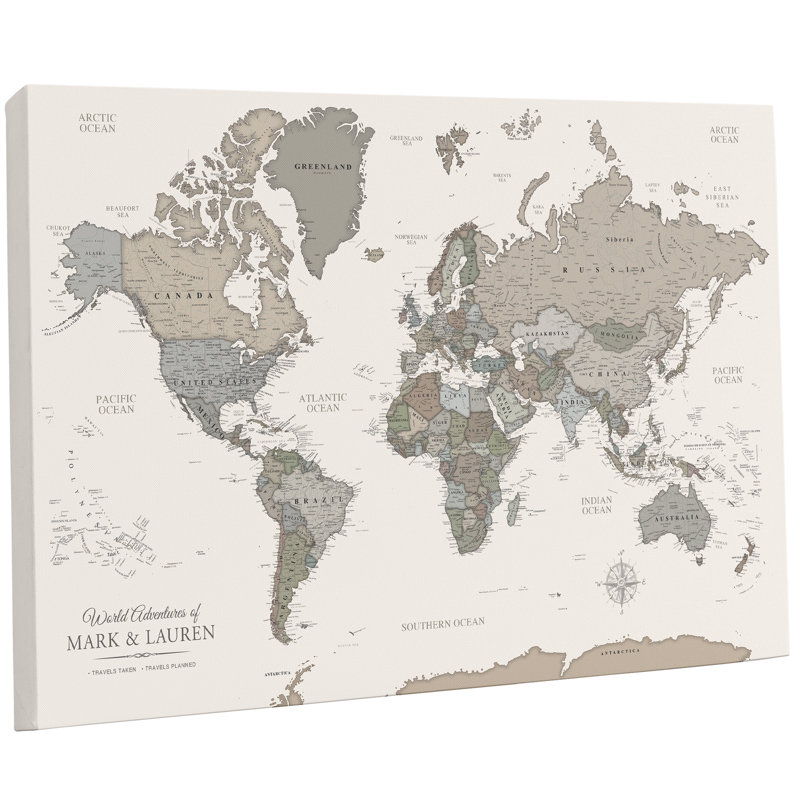 Personalized Muted Earth Tones Push Pin World Map - Single Panel, 30" H x 48" W, Yes