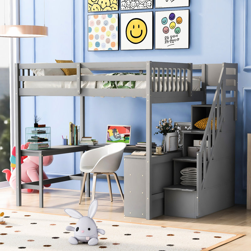 Améliorez votre espace avec un lit mezzanine double, un bureau en L, des tablettes et un escalier intégrés et du rangement - Aménagement de chambre à coucher efficace