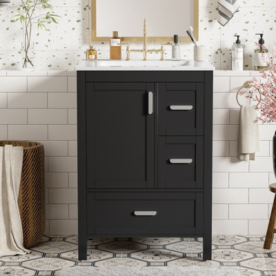 Meuble-lavabo moderne de 24 po avec lavabo en céramique, porte à fermeture en douceur, tablette de porte à double couche et 3 tiroirs