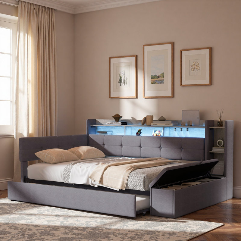 Upholstery Daybed With Storage Footstool, Shelves, Trundle, Usb Charging And Led Light, Gray, Twin