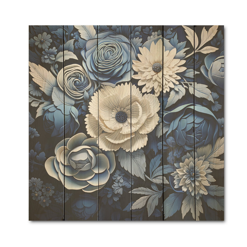 Aquarelle, fleurs saisonnières bleues et blanches I - Fleurs, art mural sur bois de pin naturel, H 15 po x l 15 po