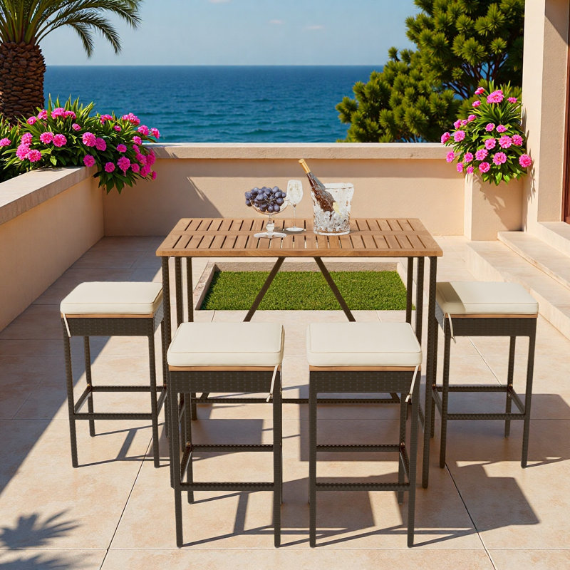 Table de bar 5 pièces et 4 tabourets avec pieds réglables, plateau de table pliable et coussins