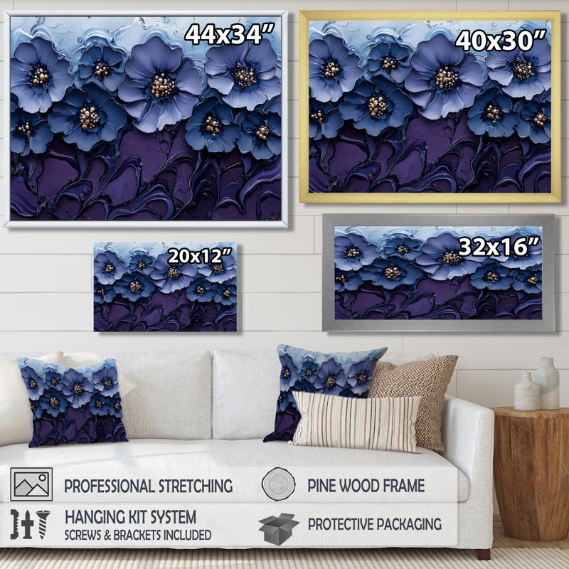 «Aqua Blue Poppies Dreamscape At Night II», art mural coquelicots, H 30 po x l 40 po, Cadre simple argenté