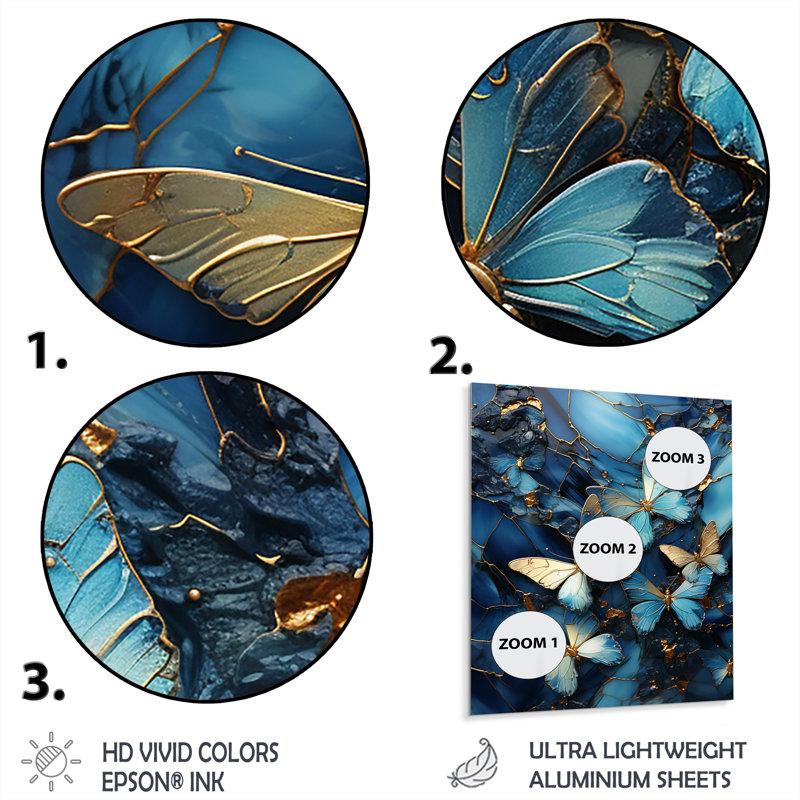 «Golden Blue Crystal Butterflies», reproduction d'art murale abstraite en métal, H 40 po x l 30 po x P 1,5 po