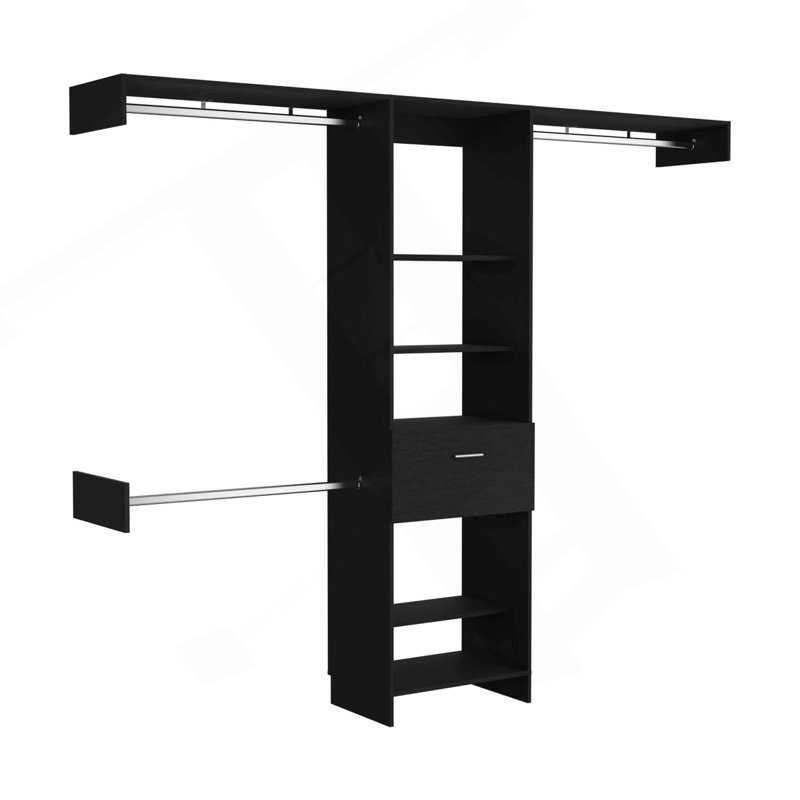 Closet System, One Drawer, Three Metal Rods, Five Open Shelves, Black