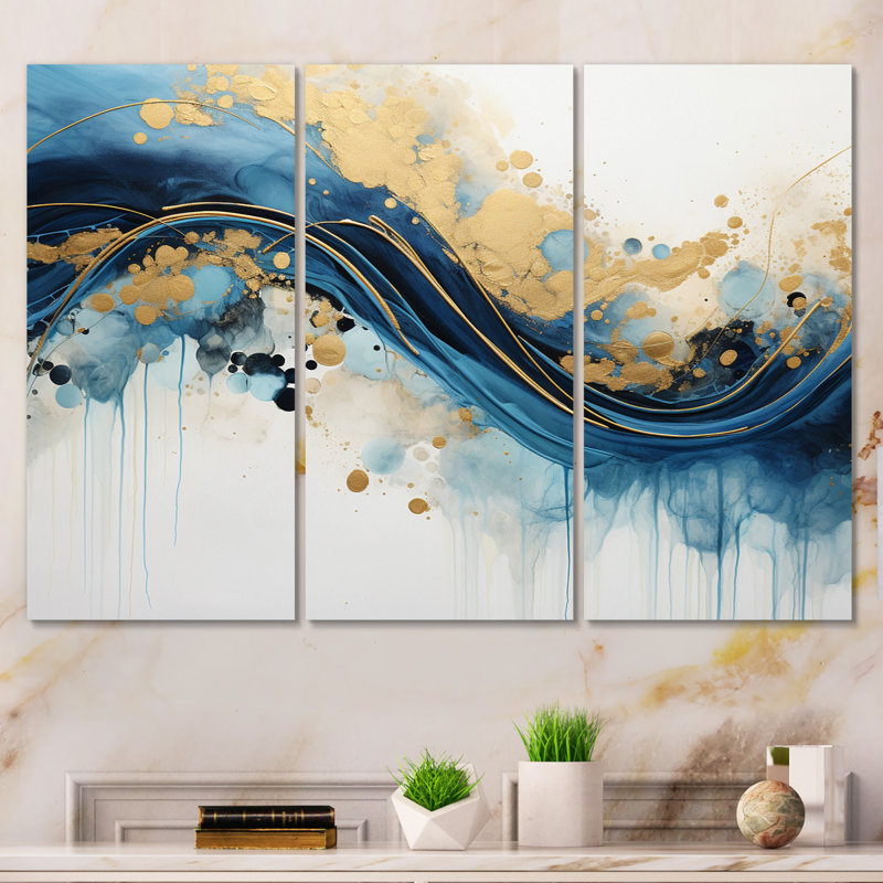 Golden Oceanic Wave Harmony IV - Abstract Wall Art Prints Set, H 28 po x l 36 po x P 1 po