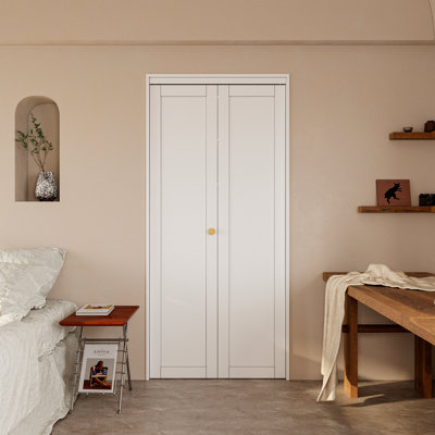 36" x 80" White Primed Panel Solid Core Manufactured Wood Bi-Fold Door With Installation Hardware Kit (Pantry,Closet Door)