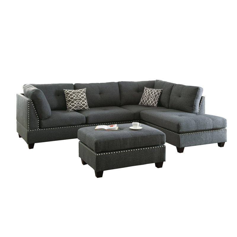 Canapé modulaire 3 en L bleu gris avec méridienne réversible en forme de L 4, apparence moderne, assise ferme, dossier coussiné, structure en bois, intérieur en tissu de polyfibre - moelleux et dossier pour le salon