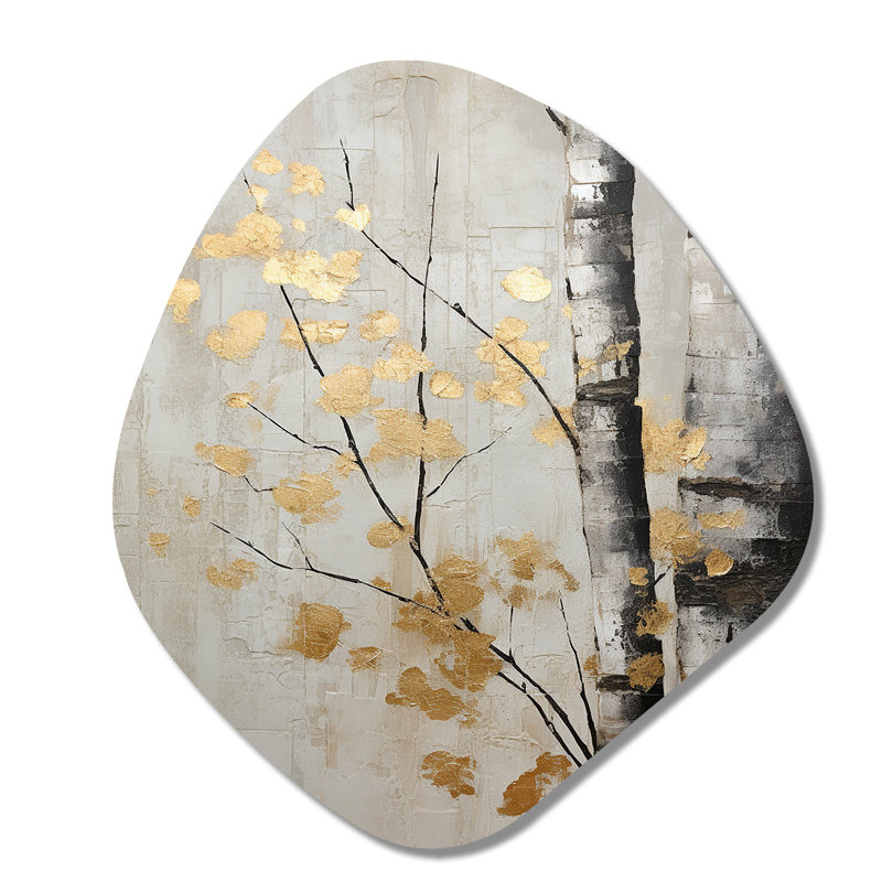 Tree Whispers Of Grey and Gold - Arbre en forme de nébuleuse monochrome, art mural métallique asymétrique, H 35 po x l 31 po