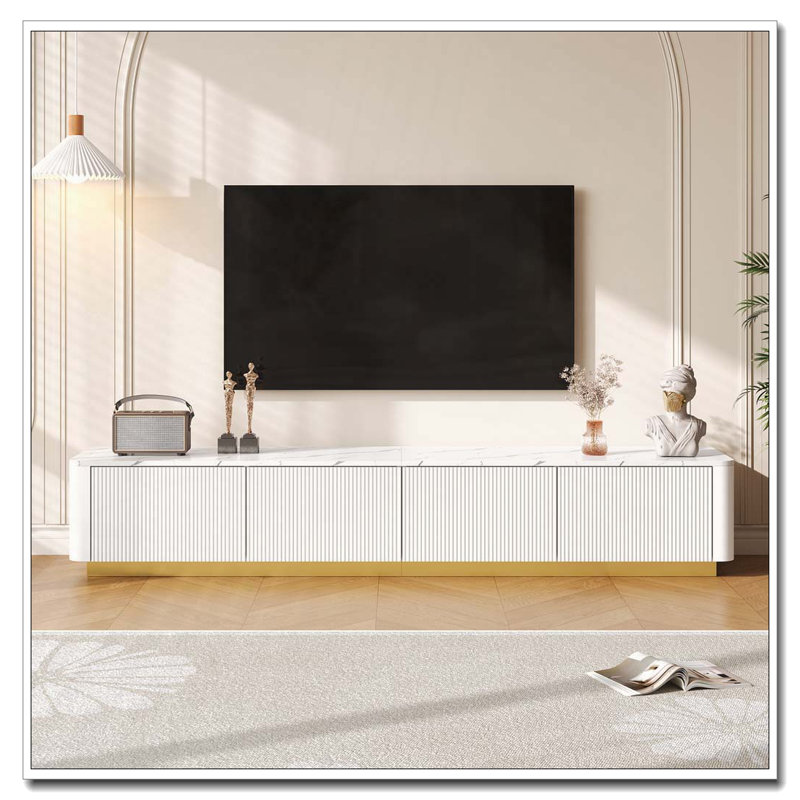 Meuble télé pour téléviseur de 85 po ou moins avec plateau à 4 tiroirs, Blanc
