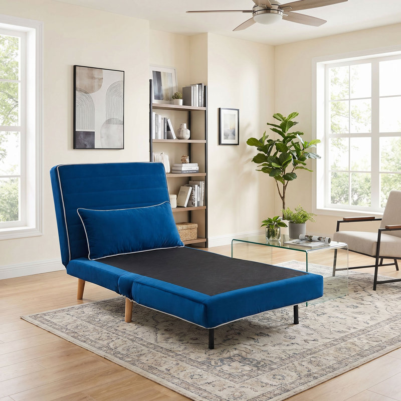 73" Velvet Modern Convertible Accent Chair with a Pillow, Floor Sofa Bed, Navy