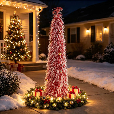 Sapin de Noël artificiel rouge et blanc de 1,5 m avec guirlande lumineuse féérique, pliable et fonctionnant sur piles, idéal pour la décoration intérieure et extérieure des fêtes.