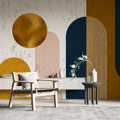 Murale abstraite géométrique 3D noire et dorée | Papier peint adhésif Luxury Luxury Architectural | Décoration murale de salon amovible