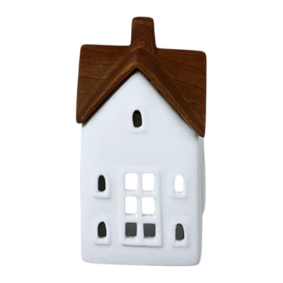 White/Wood Grain Effect Ceramic House Tealight Holder
