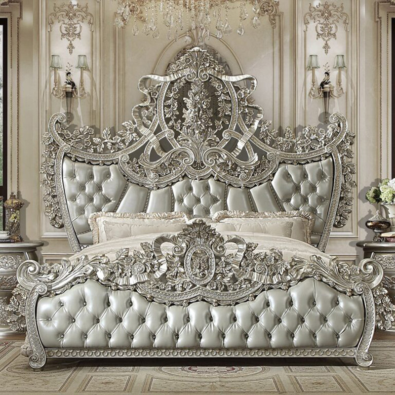 Metallic Silver Hand Carved Baroque Bed, California King