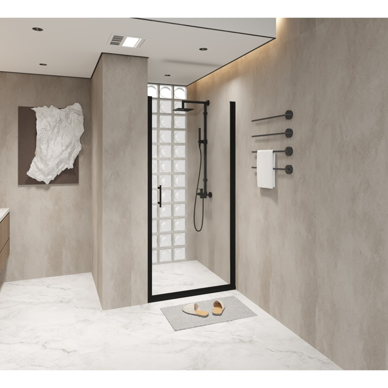 Porte de douche à pivot de luxe l 34 po x H 72 po - Demi-cadre noir mat, verre trempé de 6 mm et joint résistant à l'eau
