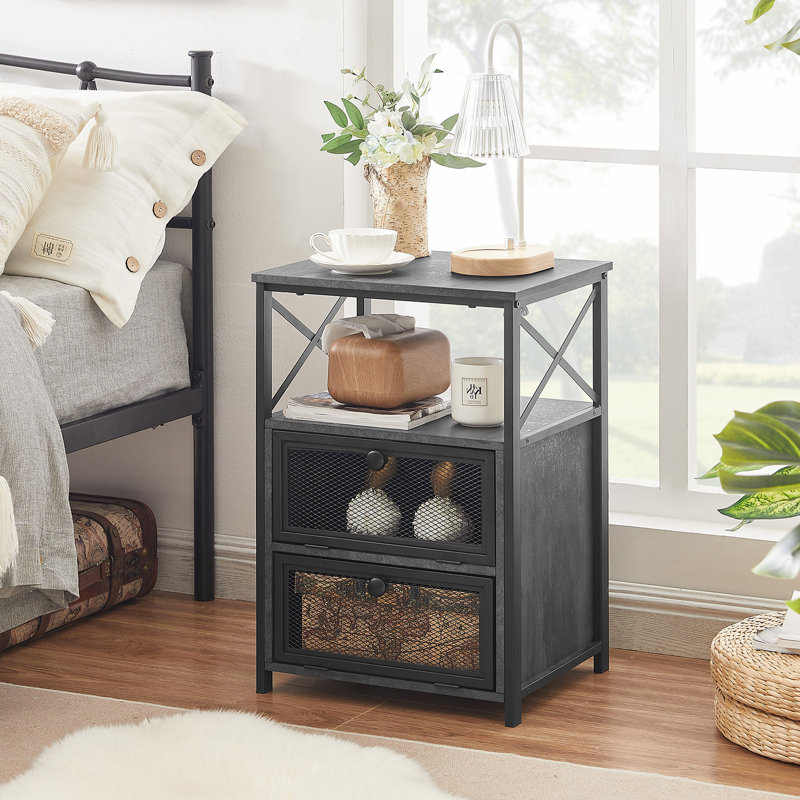 Kempst Nightstand Set 2, Small Bedside Table with Drawers, Narrow Side End Table with Open Shelf, 2 Drawer Dresser for Bedroom/Living Room/Dorms