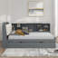 Lit plateforme avec lit gigogne, tablettes de rangement, tête de lit tapissier et plateau de rangement rotatif-107896173-129674715