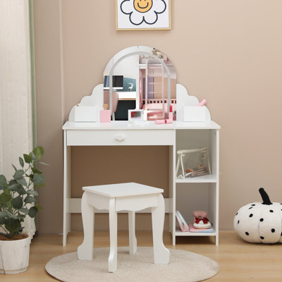 Kids Vanity Set with Lighted Mirror and Stool, Adjustable LED Lights, Storage Drawer and Shelves for Girls Ages 3–9
