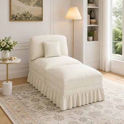 Canapé sans accoudoirs 1 place avec repose-pieds en chenille beige avec jupes amovibles Windsor