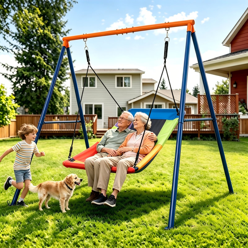 Balançoires pour cour arrière, support en métal robuste de 440 lb avec grande plateforme de 60 po pour aire de jeux extérieure