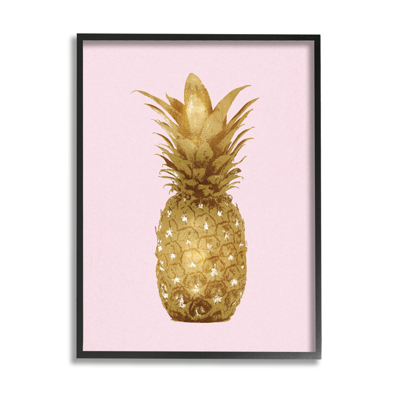 Golden Glam - ananas sur rose, Giclée encadrée noir minuit, H 30 po x l 24 po