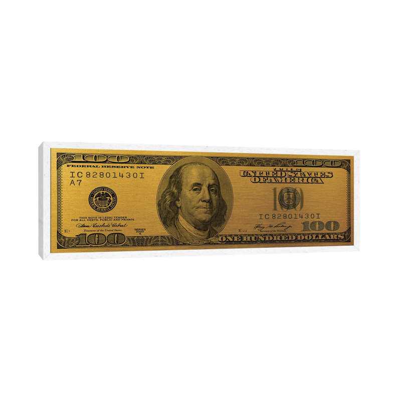 Hundred Dollar Bill - Gold - Panoramic Print on Canvas, 30.48cm H x 91.44cm W x 3.81cm D, White Framed