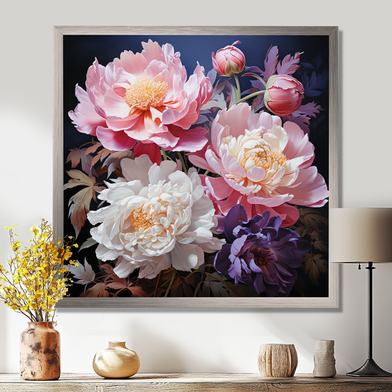 Art asiatique pivoines en rose II - impression, H 16 po x l 16 po x P 1 po, Cadre flottant blanc