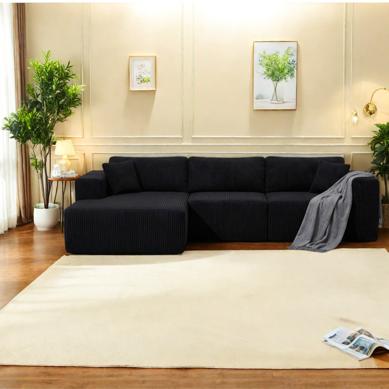 Canapés modulaires modernes avec sièges profonds, velours côtelé noir pour le salon
