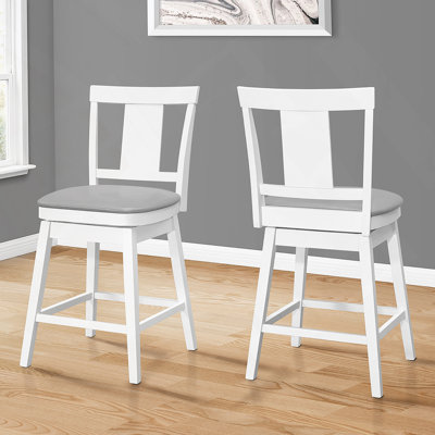 Bar Stool, Set Of 2, Swivel, Counter Height, Kitchen, White Wood, Grey Leather Look, Transitional
