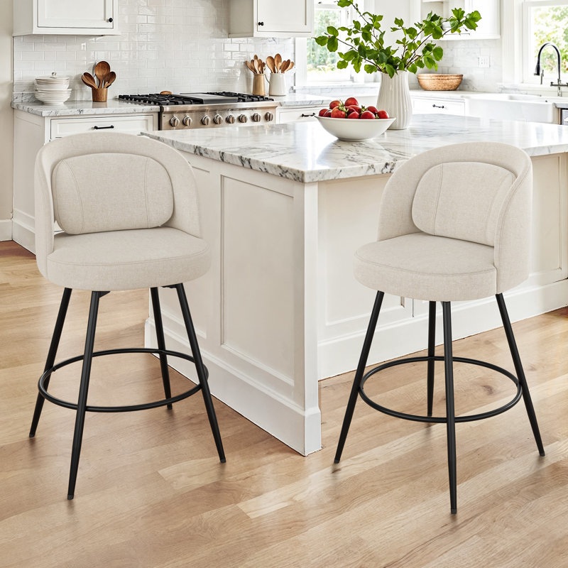 26" H Swivel Metal Bar Stool with Back Pillow, Linen Color-Chenile , 3