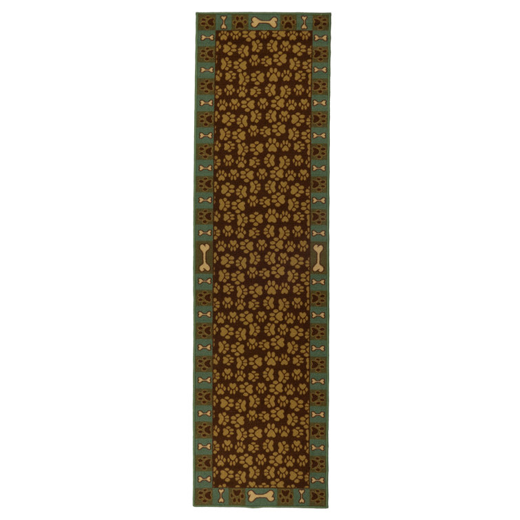 Custom Size Anti-Slip Low Profile Loop Pile Pet Paw and Bone Green and Brown Design Runner Rug