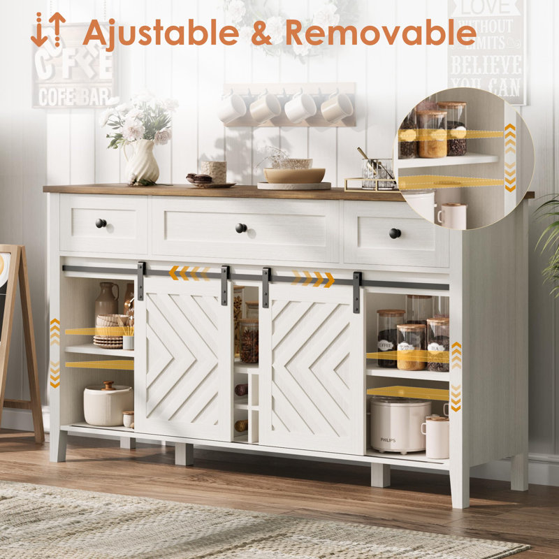 Rustic Farmhouse Sideboard Buffet Cabinet, Features Sliding Barn Door, Three Spacious Drawers, 33.5" H x 59" W x 15.7" D
