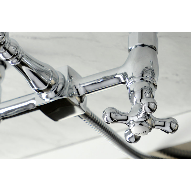 Kingston Brass Heritage Double-Handle 3-Hole Wall-Mount Bridge Kitchen Faucet with Brass Sprayer, Chrome